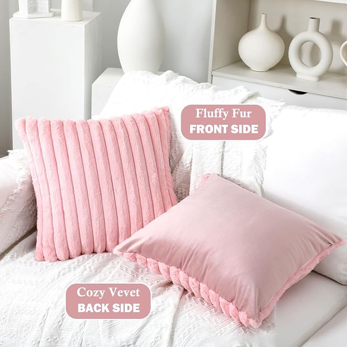 Mixweer 6 Pcs Back to School Faux Fur Plush Throw Pillow Covers 18x18 Inch Pastel Fluffy Decorative Striped Pillow Covers with Velvet Back for Sleepover Slumber Party Tent, Sofa, Classroom Home Decor