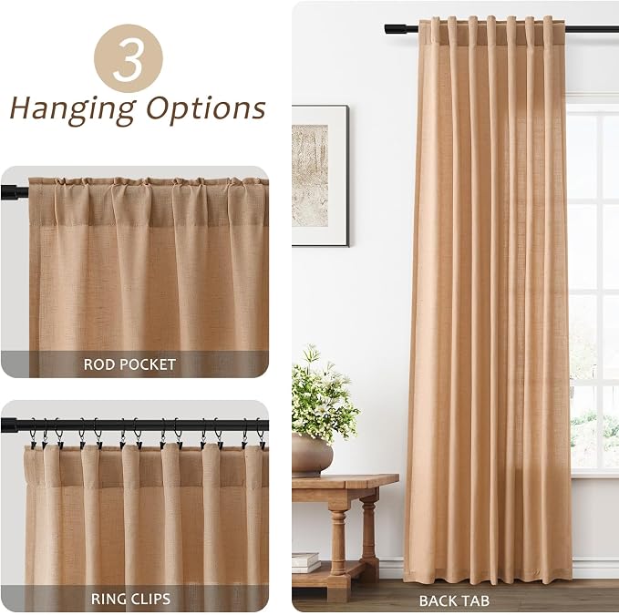 Aersas Camel Semi Sheer Curtains 96 Inches Length for Living Room Linen Texture Wave Fabric Vertical Window Shades with Rod Pocket Back Tab for Bedroom Sun Room Light Filtering Boho Home Decor 52x96