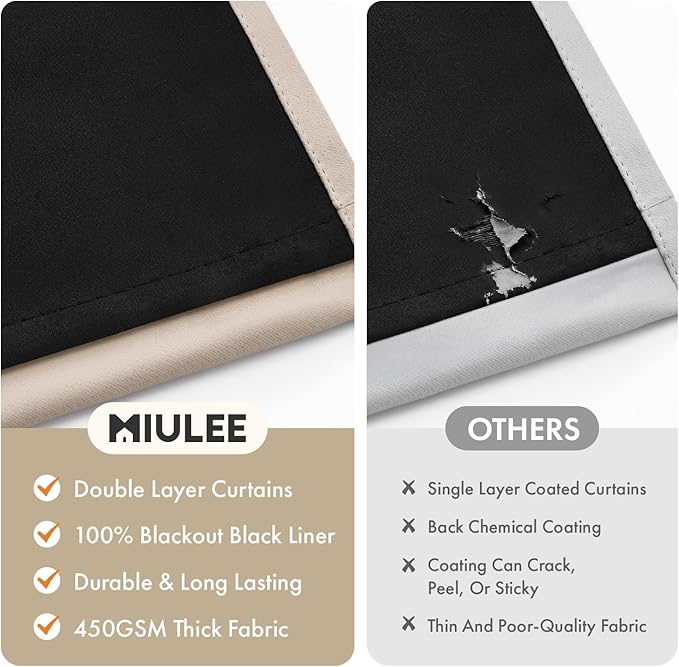 MIULEE Taupe 100% Blackout Curtains for Bedroom 84 Inch Long, 2 Thick Layers Thermal Insulated Black Out Window Curtains with Black Liner, Noise Reducing Grommet Living Room Drapes 2 Panels Set