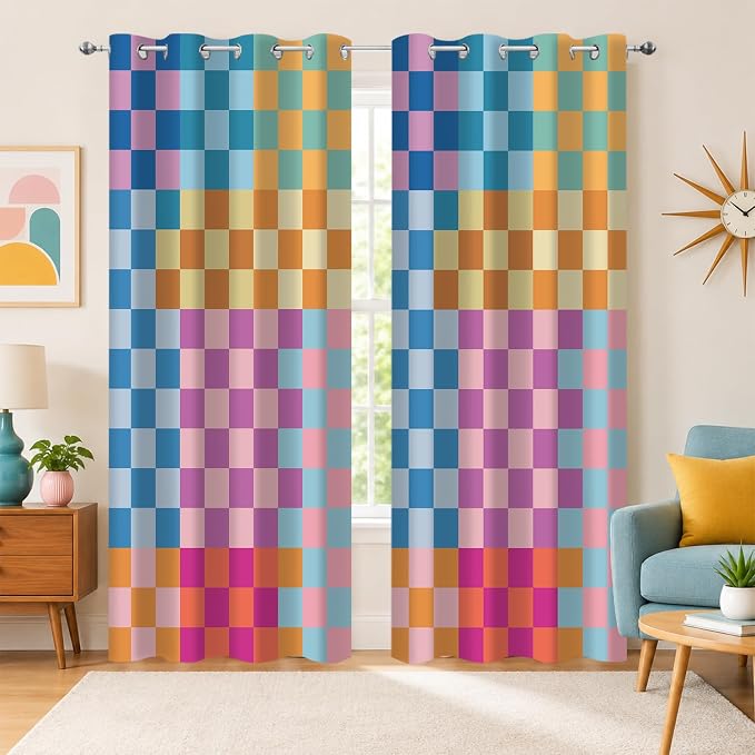 Multicolored Checkerboard Blackout Curtains, Mid Century Modern Colorful Vibrant Checkered Room Darkening Thermal Insulated Grommet Window Drapes for Living Room Bedroom Decor 2 Panels 52x84 Inches