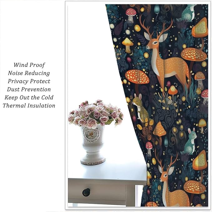 Fantasy Plant Curtains,Cute Woodland Deer Forest Animal Floral Mushroom Print Window Treatments for Bedroom Living Room Study Window Drapes 2 Panels Set,Total Size 63 x 72 Inch