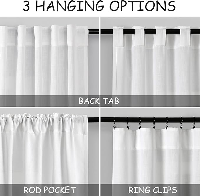 Nanspring White Extra Long Linen Curtains 2 Panels Set 141 Inches Long for Dinning Room Back Tab Rod Pocket Light Filtering Semi Sheer Drapes Linen Textured Window Curtain for Bedroom 52x141