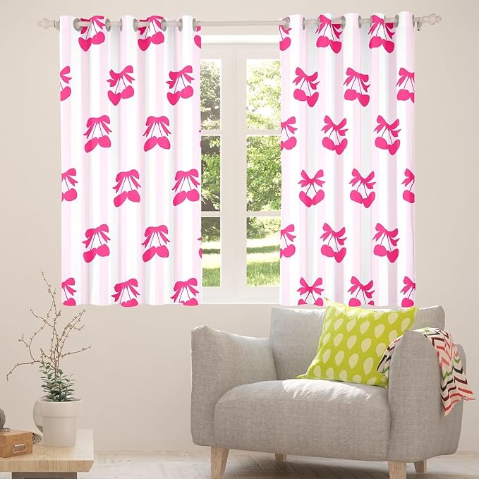 Feelyou Pink Girls Bow Curtains for Bedroom Living Room (2 Panels, 42 x 63 Inch) Kawaii Cherry Prints Darkening Dreapes Boys Teens Decor Stripes Blackout Curtains Cute Bowknot Window Treatments