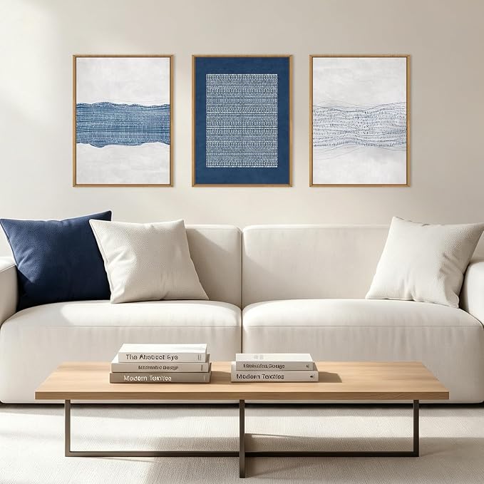Large Abstract Navy Blue and White Framed Canvas Wall Art Set,Modern Neutral Geometric Waves Lines Dots Wall Decor,Mid Century Minimalist Boho Artwork for Living Room,Bedroom,Office- 12"x16"x3