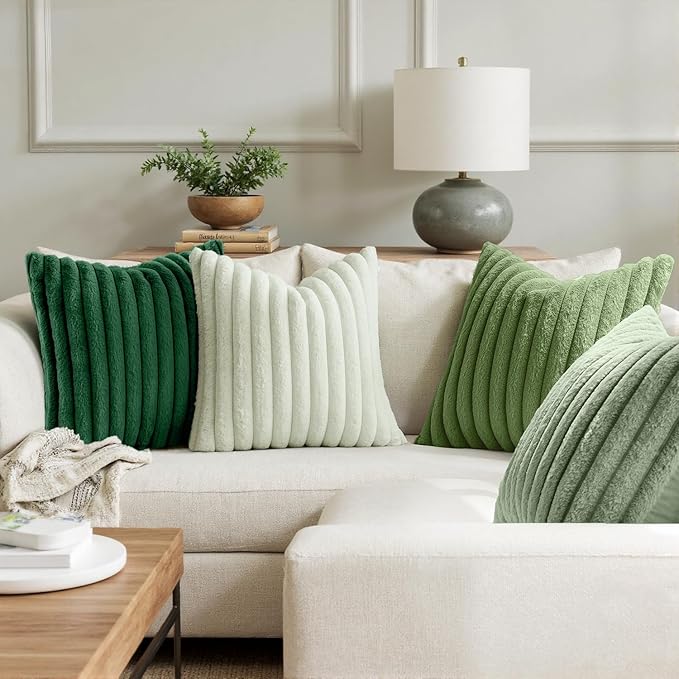 MIULEE Faux Fur Plush Decorative Throw Pillow Covers 18x18 Set of 4, Spring Modern Soft Fuzzy Striped Cushion Covers for Sofa Couch Bed Living Room Cozy Home Decor,Green