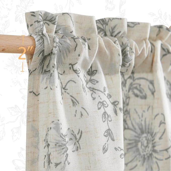 jinchan Floral Linen Tier Curtains Grey Flower on Beige Cafe Curtains 24 Inch Length Kitchen Living Room Bedroom Bathroom Farmhouse Rustic Country Rod Pocket 2 Panels