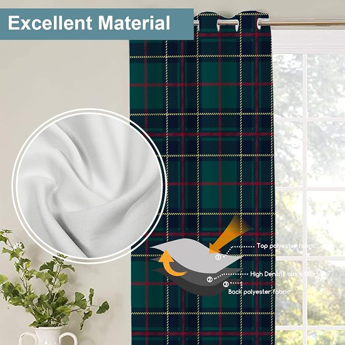 Shrahala Tartan Plaid Blackout Window Curtains, Green Scottish Fabric Kilt Twill Woven Thermal Insulated Curtains Grommet Top Window Drapes for Living Room, Bedroom (2 Panels,52 x 63 in)
