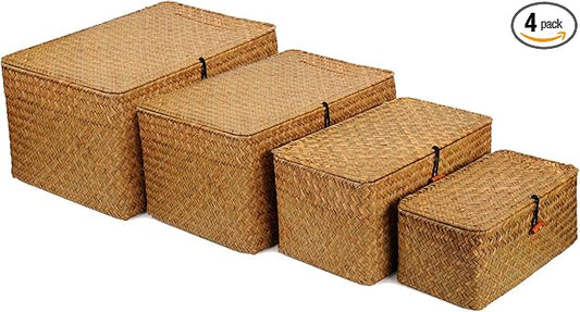 4 Pack, Wicker Baskets with Lids, Nautral Seagrass Storage Baskets, Woven Rectangular Basket Bins, Rattan Storage Organizer for Shelf