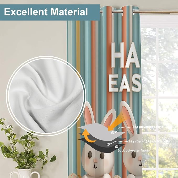 Shrahala Three Rabbits Colorful Eggs Thermal Insulated Blackout Window Curtains, Easter Celebration with Rabbits Eggs Long Drapes for Bedroom/Living Room with Plastic Grommet, 52X84 Set of 2