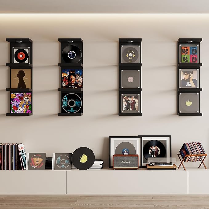 LitaEther Versatile 4 Tier Wall Shelf Unit,Black Lack Wall Shelf,Display Floating Shelf with LED Remote Control Light