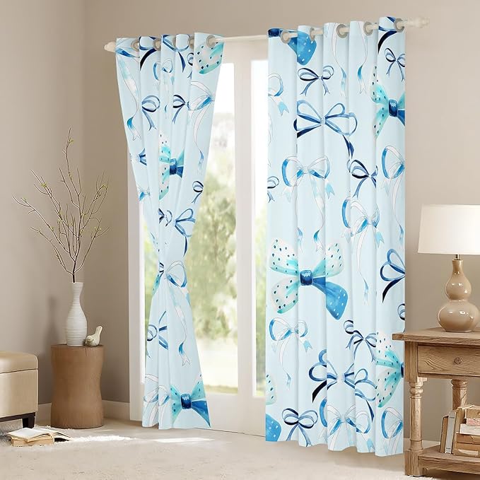 Feelyou Bow Room Darkening Blackout Curtain Boys Girls (2 Panels, 42 x 84 Inch) Cute Bowknot Curtains for Bedroom Living Room Blue Girls Bow Blackout Curtains Kawaii Window Treatments