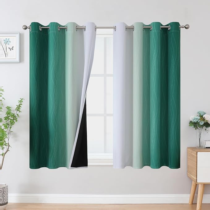 Estelar Textiler Green and Greyish White Blackout Curtains 45 Inch Length, Full Light Blocking Gradient Drapes for Bedroom, Thermal Insulated Grommet Ombre Curtains for Bathroom, 52Wx45L, 2 Panels