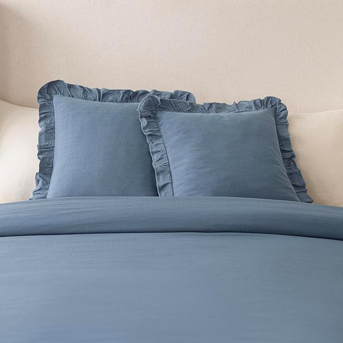 Foindtower Set of 2 Decorative Linen Fringe Ruffle Throw Pillow Covers Soft Boho Farmhouse Cushion Cover Cozy Accent Retro Pillowcase for Couch Sofa Bed Living Room Home Decor,22×22 Inch,Coronet Blue