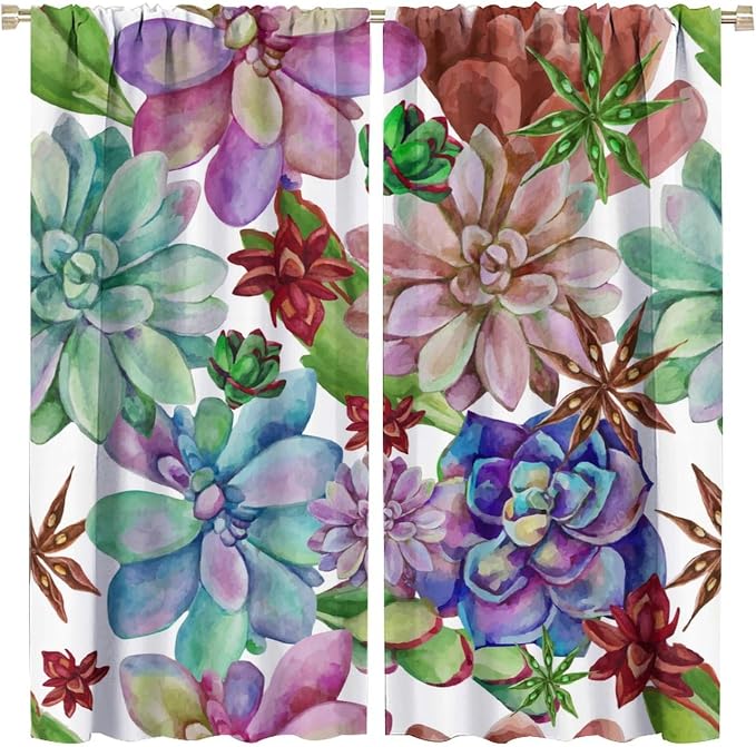 Succulents Tropical Plant Curtain Floral Boho Watercolor Summer Desert Botanical Vintage Garden for Home Kitchen Livingroom Coffee Room Curtains Drapes 2 Panels 42x45 Inch