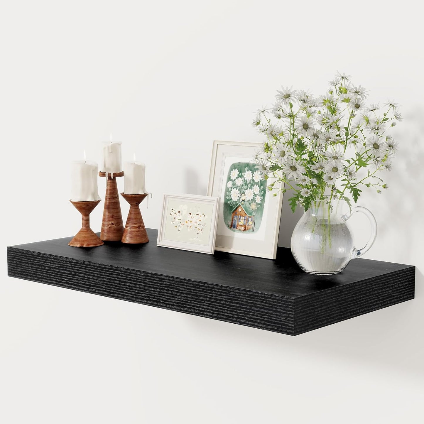 12 Inch Deep Black Floating Shelves, 24 x 12 Floating Shelf for Books, Rustic Wood Deep Wall Shelves for Home Storage & Display, 2" Thicked Shelves for Kitchen, Living Room, Bedroom, 1 Pack