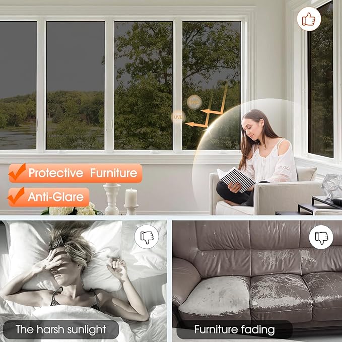 Viseeko Window Tint for Home Window Privacy Film See Out Not in Reflective One Way Window Film UV Sun Heat Blocking Window Film Static Cling for Home Office (Black, 17.5 x 78.7 in)