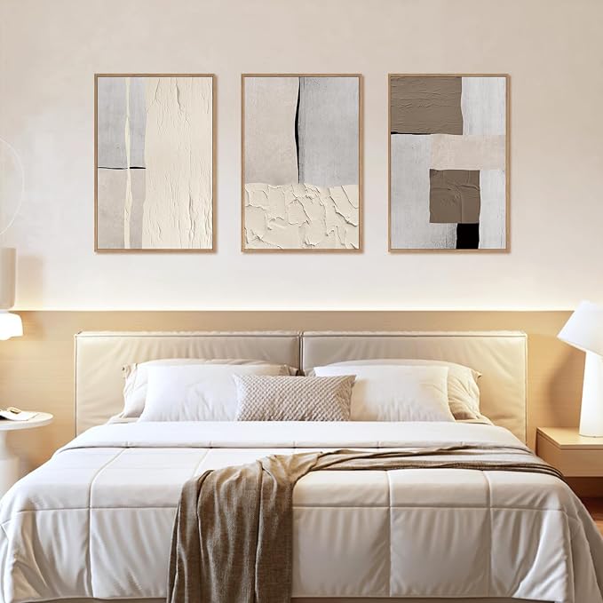 LHIUEM Large Abstract Neutral Framed Canvas Wall Art Set,Mid Century Beige Textured Wall Decor,Brown Gray Block Art Painting for Living Room,Bedroom,Dining Room,Office -24"x36"x3