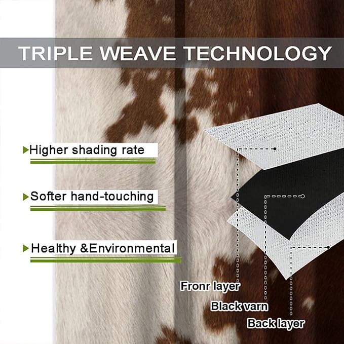 Cow Print Blackout Curtain, Animal Fur Brown Cowhide Western Farm Style Window Treatments Rod Pocket Curtain for Bedroom Living Room Kitchen Decor Drapes 72x63in