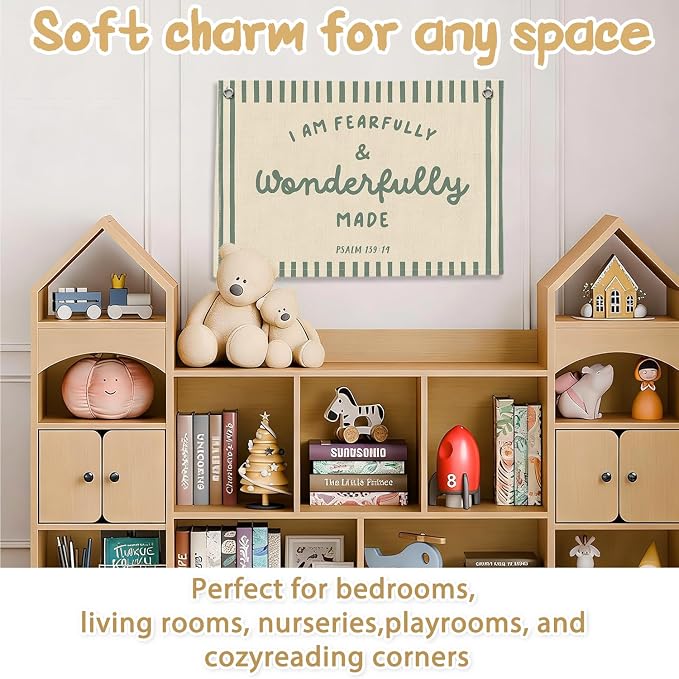 RTXLEZM Kids Room Decor, I Am Fearfully and Wonderfully Made | Christian Nursery Decor,Christian Canvas Banner Wall Hanging,Religious Wall Art for Kids Classroom Bedroom Playroom, 20x30