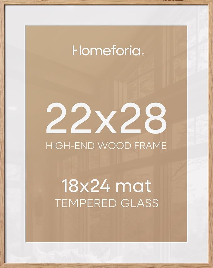 Homeforia Wooden Poster Frame 22x28, High End Natural Oak 22 x 28 Picture Frame with Mat 18 by 24, 22x28 Light Wood Frame Matted to 18x24 Photo, 28by22 Large Frames, Tempered Glass, Wall Kit, Set of 1