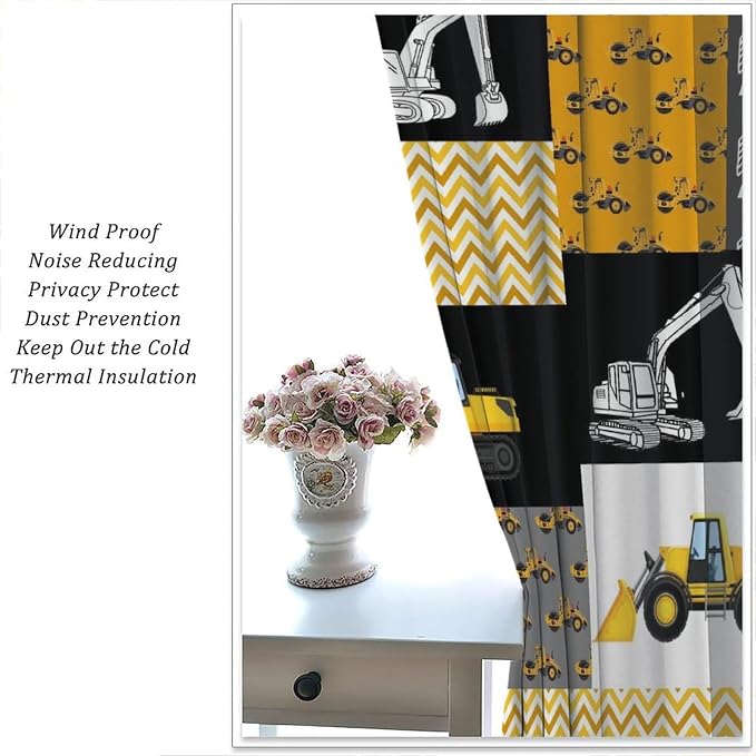 Excavator Blackout Curtain,Boys Kids Construction Vehicles Curtains Equipment Trucks Cartoon Car for Kitchen Office Bedroom Cafe Dining Room Living Room Drapes, 72x63 in