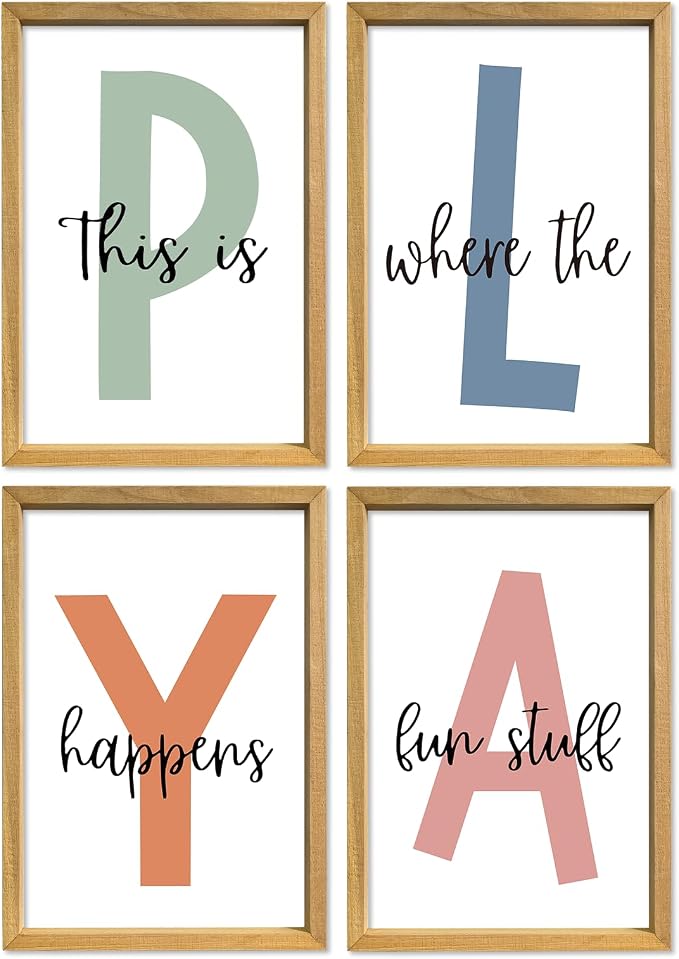 This Is Where Fun Stuff Happens Kids Playroom Wall Decor PLAY Quote Art | Motivational Prints for Nursery, Natural Wood Frame, Set of 4, 11x16 Inches , Let's Play Sign for Toddler Boys, Ready to Hang