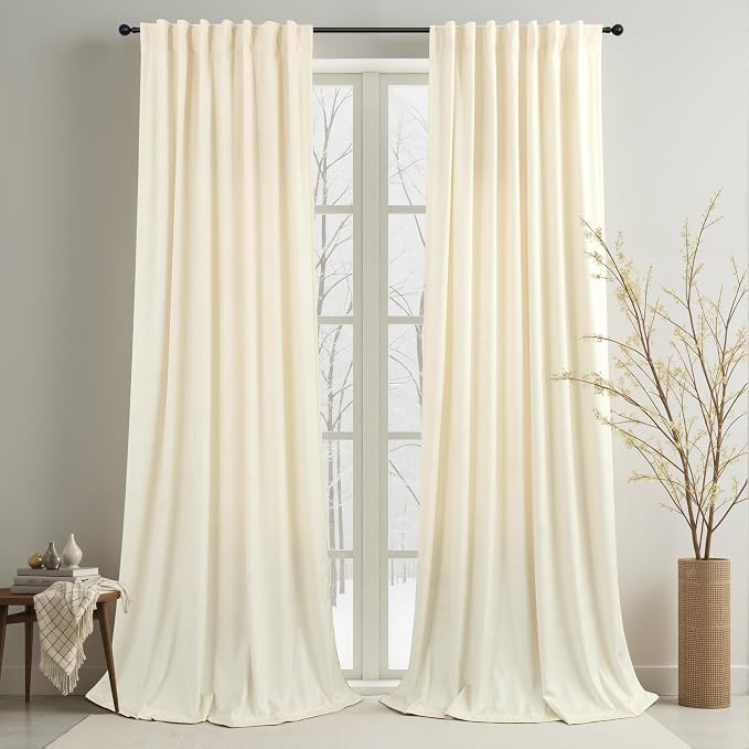 102 Inch Velvet Curtains 2 Panels Set Length Victorian Rustic Neutral Boho Modern Decorative Curtain for Bedroom Heat Cold Blocking Window Thermal Insulating Drape for Living Room Long Ivory Off White
