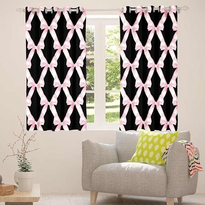 Erosebridal Pink Bow 52" Wx84 L Curtain for Girls,Ribbon Bowknot Kids Window Curtain Watercolor Geometric Bow Tie Window Treatments Black Modern Bowknot 30%-50% Blackout Curtains for Bedroom