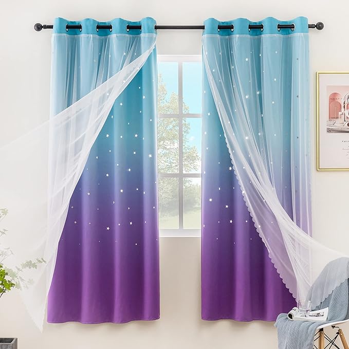 Stiio Star Cutout Curtains for Girls Bedroom 2 Panels, 2 in 1 Light Blocking Blackout Curtains with Sheer Grommet Window Drapes for Living Room Kids Room, W52 x L95 inches, Blue Purple