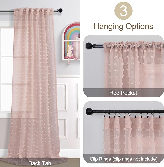 DANCURTON Pink Sheer Curtains 84 Inch Length for Living Room Girls Bedroom 2 Panels Light Filtering Transparency Cute Sheer Semi Curtains Boho Pom Pom Lovely Design Drapes Back Tab 52x84 Blush Pink