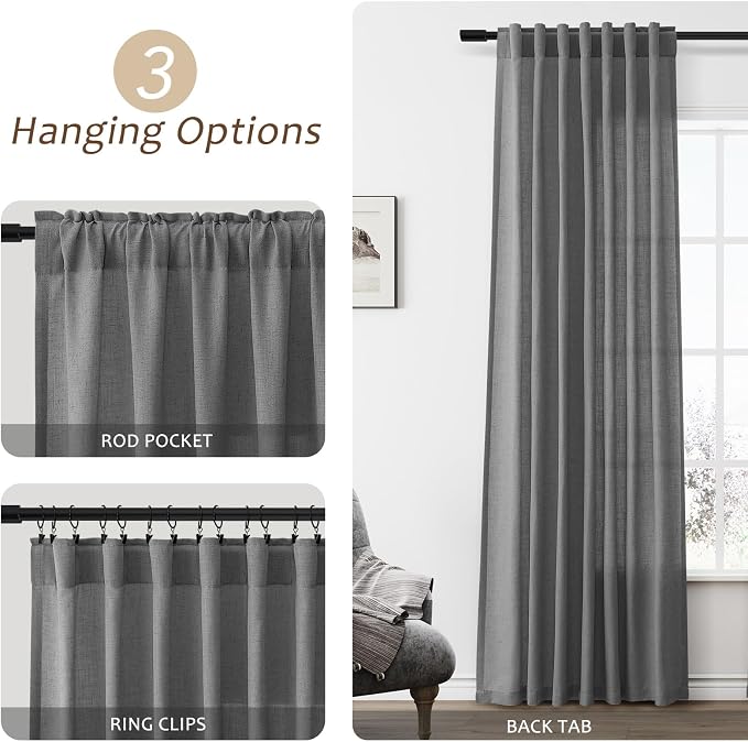 Blazer Grey Linen Curtains 84 Inches Long 2 Panels Set Back Tab Rod Pocket Dark Grey Living Room Curtain Farmhouse Modern Light Filtering Drapes for Bedroom Home Decor 52 Inch Width x 84 Inch Length