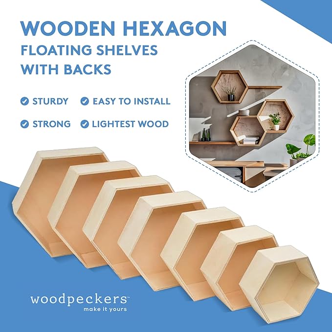 Woodpeckers Wooden Hexagon Floating Shelves with Backs, 2 Sets of 7, Unfinished for Crafts and DIY Wall Décor: Modern, Geometric, Rustic, or Honeycomb