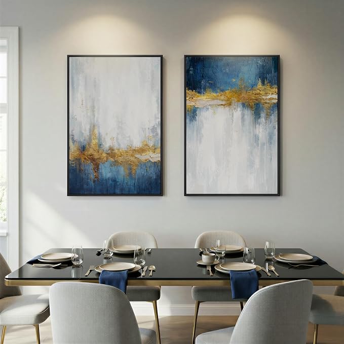 Framed Blue and White Abstract Wall Art for Living Room, Set of 2 Large Gold Modern Luxury Canvas Artwork for Walls, Contemporary Minimalist Painting Print Wall Decor for Bedroom Office, 24x36 Inch