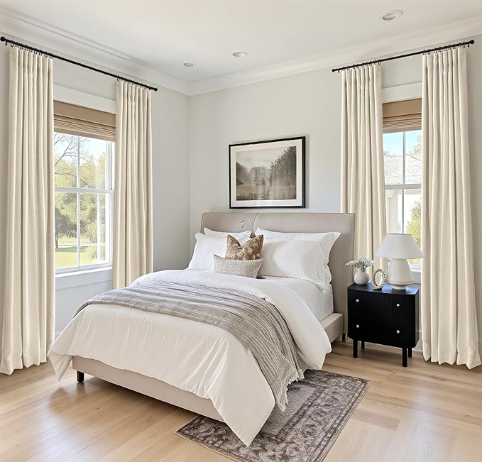 100% Blackout Shield Full Blackout Curtains for Bedroom 72 inch Length 2 Panels Set, Clip Rings/Rod Pocket Faux Linen Black Out Curtains for Living Room, Thermal Insulated, 50Wx72L, Cream