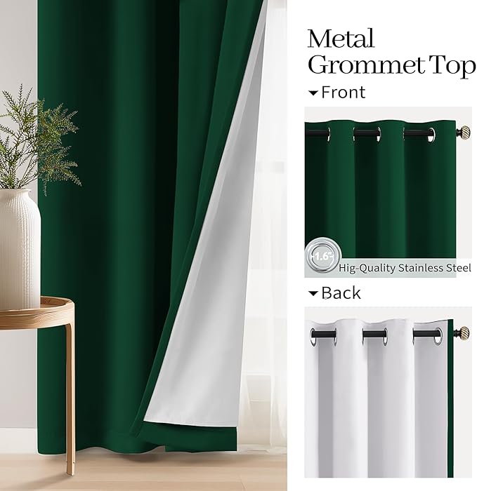 COSVIYA Dark Green 100% Blackout Curtains for Bedroom with White Back, 2 Thick Layers Full Room Darkening Thermal Insulated Grommet Window Drapes, 52x84 Inch, 2 Panels