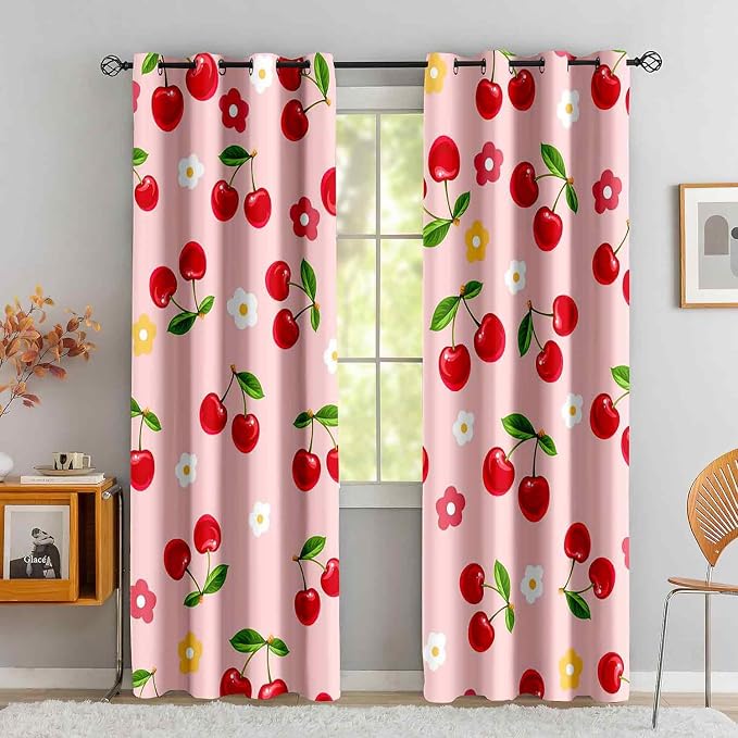 LUVIVIHOME Cherry Curtains, Cute Blackout Curtains, Girly Kids Girls Bedroom Decor, Pink Curtains for Living Room, Grommet Window Drapes 2 Panel Sets, 52x63 Inch