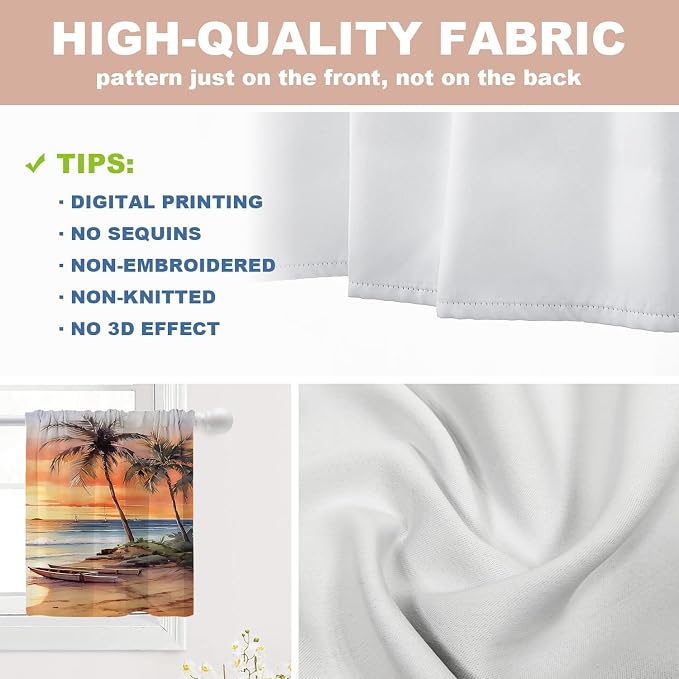 Shrahala Sunset Beach Blackout Curtain Tiers, Tropical Seaside Scene Kitchen Valance Light Blocking Tier Drapes with Rod Pocket, 2 Pack 26 X 24 in