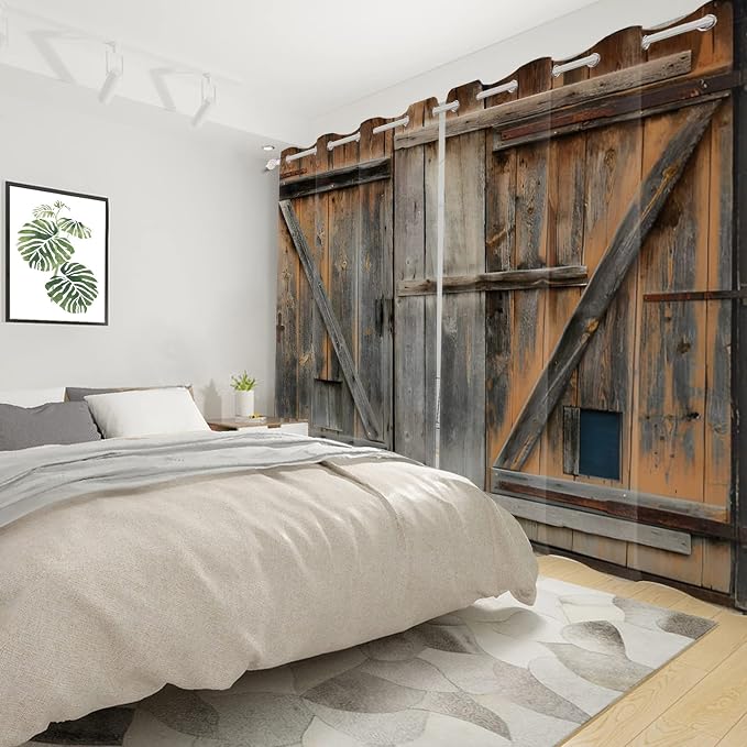 Old Grey Wood Barn Door Window Curtains American Rustic Garage Door Curtains Vintage Wooden Door Window Drapes Wood Planks Rural Style Native Farmhouse Bedroom Treatment,42x96 inch,2 Panels
