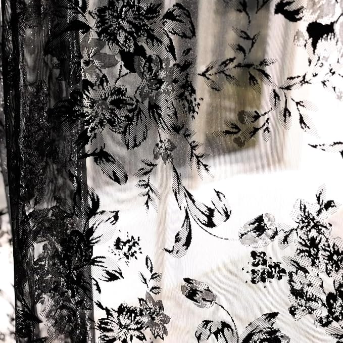 Black Lace Curtains for Living-Room 84 inch Length, Fine Rose and Leaf Embroidered Light Filtering French Country Curtains for Bedroom, Vintage Delicate Floral Sheer Window Drapes 52"w Rod Pocket
