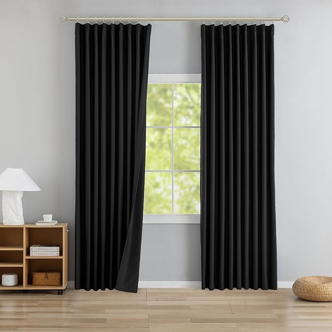 DONREN Black Pinch Pleated Blackout Curtains with Hooks - 132 inches Extra Long Room Darkening Thermal Insulated Window Curtain Panels for High Ceiling Living Room 2 Panel 40" Wx132 L