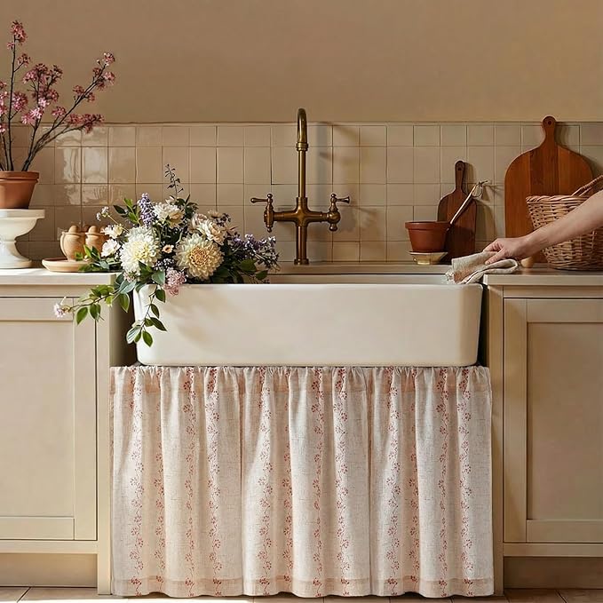 jinchan Katy Linen Floral Kitchen Curtains 24 Inches Length Stripe Cafe Curtains Farmhouse Cottagecore Tier Small Window Drapes for Living Room Light Filtering Rod Pocket 2 Panels Terracotta on Linen