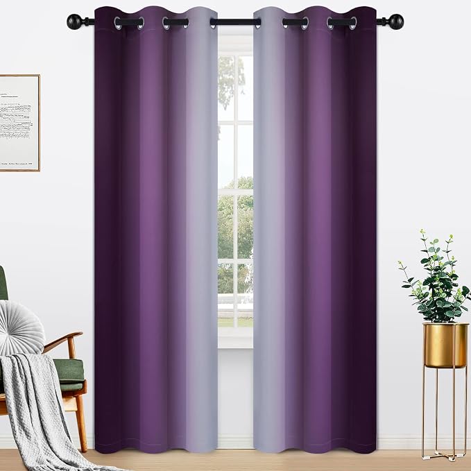 Yakamok Ombre Curtains Purple and Greyish White for Living Room,42Wx84L | Room Darkening Curtains 84,Thermal Insulated Gradient Color Drape,Light Blocking Grommet Window Curtains for Bedroom,2 Panels