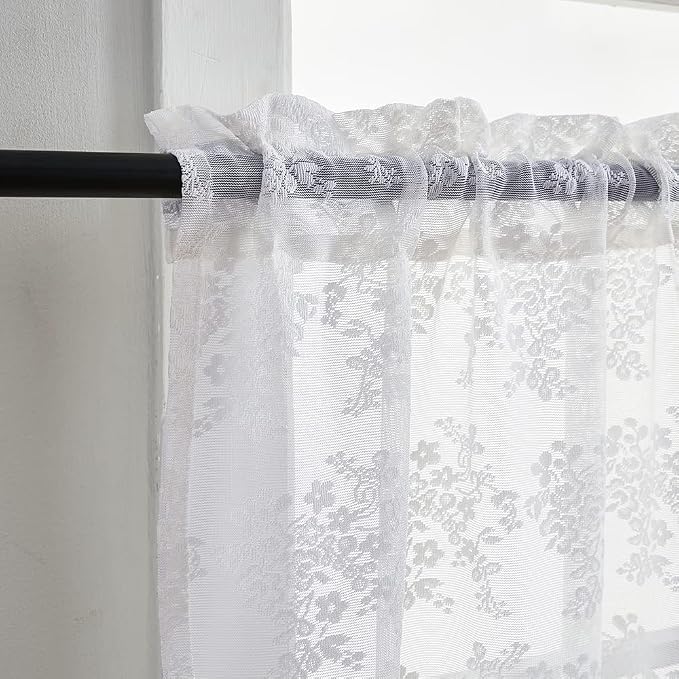 YJ YANJUN Vintage Lace Curtains 30 Inch Length Pair Short White Sheer Kitchen Cafe Curtains, Scalloped Half Window Tiers, Mini Front Door for Small Window Privacy, Desk Cabinet 26" x 30" White