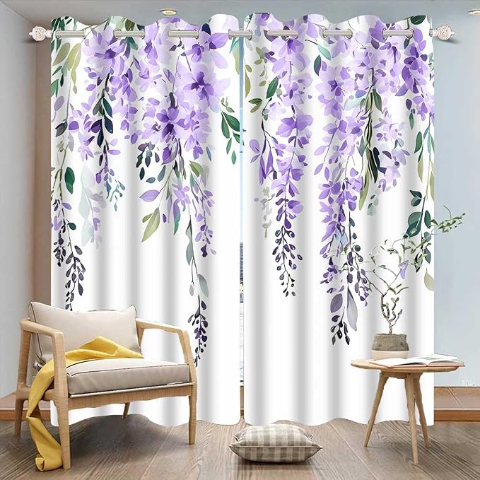 Purple Watercolor Floral Curtains, 52x84 inch, 2 Panels | Botanical Leaves Vine Wisteria Flowers, Rustic Farmhouse, Blackout Window Treatment, For Bedroom Living Room
