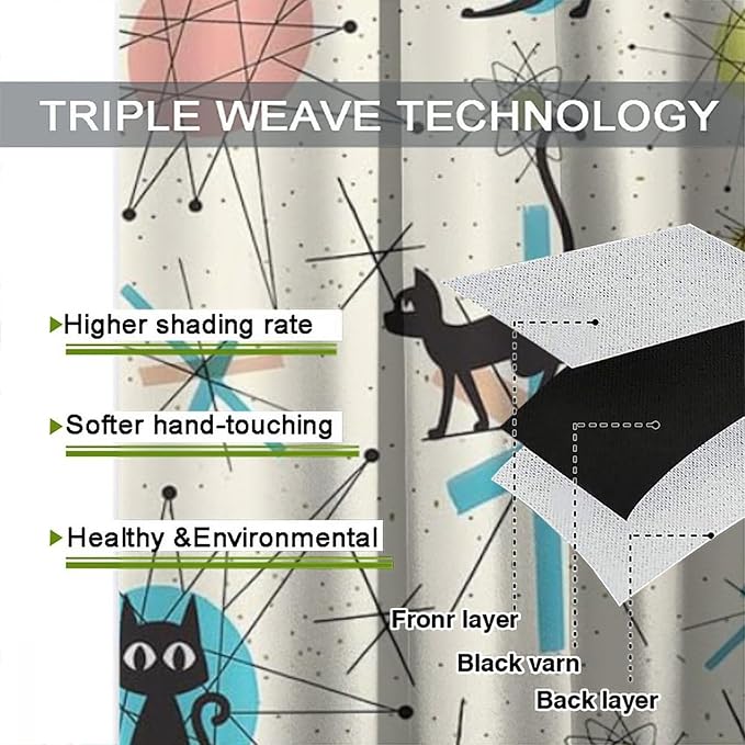 JESTRONRY Mid Century Curtains, Black Cat Atomic Stars Abstract Geometric Vintage Kitty Animal Room Darkening Door Window Rod Pocket Curtain for Living Room Bedroom 63x63in