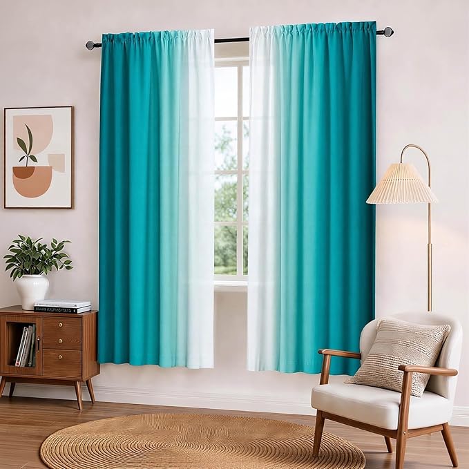 Turquoise Curtains for Living Room 63 Inch Length Teal Ombre Curtains 2 Panel Bedroom Turquoise Ombre Light Filtering Window Curtain Modern Gradient Drapes