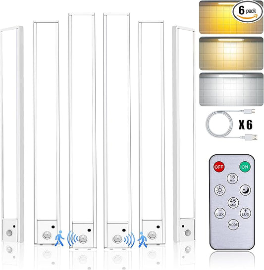 16 inch Under Cabinet Lighting with Remote, Motion Sensor Closet Light, 1500mAh Rechargeable Battery Dimmable 3 Color Temperature Magnetic Wireless for Kitchen, Shelf, Stairs, Wardrobe, 6 Pack