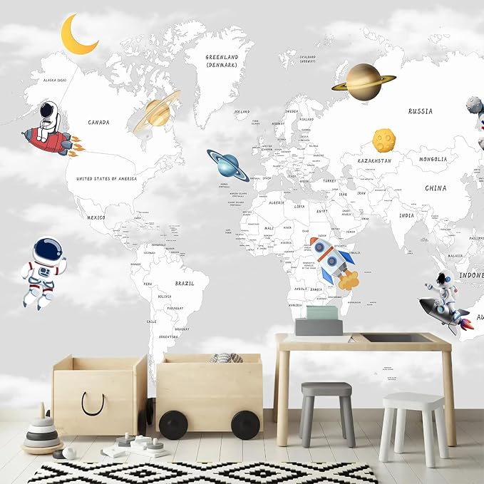 YQWDMX - Grey map Peel and Stick Wallpaper Cartoon Planet Kids wall Mural for Nursery ZY04 M