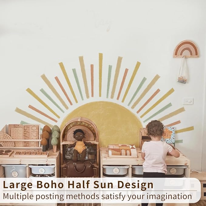 Large Boho Half Sun Wall Decals Peel and Stick, Watercolor Pastel Sun Decal Sunrise Wall Murals Stickers, Sunshine Wall Stickers for Kids Room Playroom Nursery Bedroom, 48.07" x 24.82"