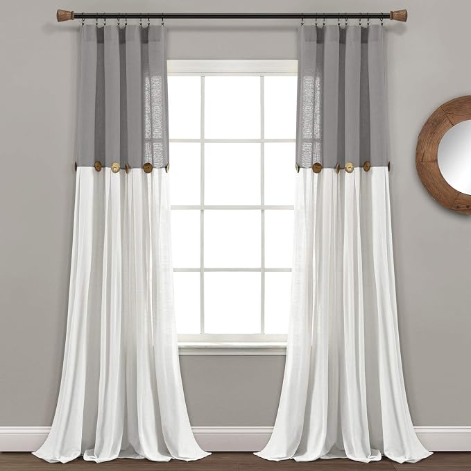 Lush Decor Linen Button Window Curtain Panel, Single, 40" W x 84" L, Dark Gray & Off White - Country Curtains - Color Block Modern Farmhouse Curtains For Living Room, Bedroom & Dining Room